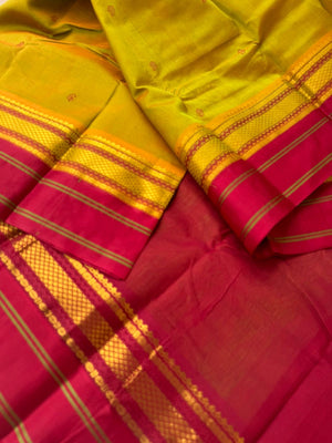 Divyam - Korvai Silk Cotton with Pure Silk Woven Borders - mustard mixed green and deep red