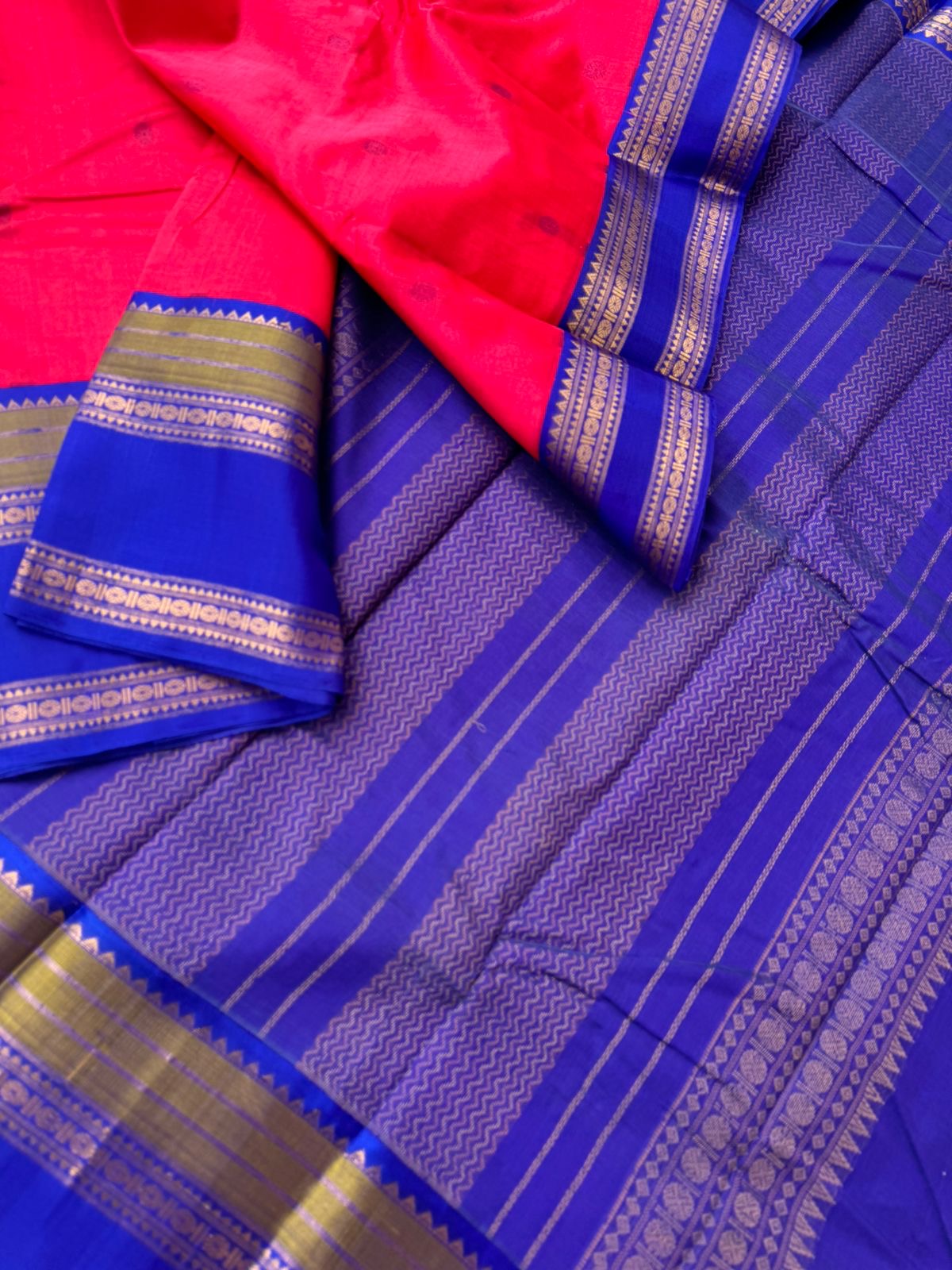 Divyam - Korvai Silk Cotton with Pure Silk Woven Borders - vibrant pink and blue