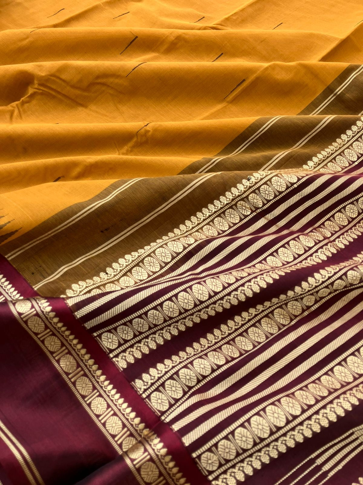 Mira - Our Exclusive Cotton body with Pure Silk Korvai Borders - traditional at the best manjal and deepest aaraku