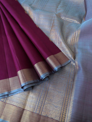 Radhee - Rare Find Kanchivarams - unusual deep purple majenta body and greyish blue pallu and blouse