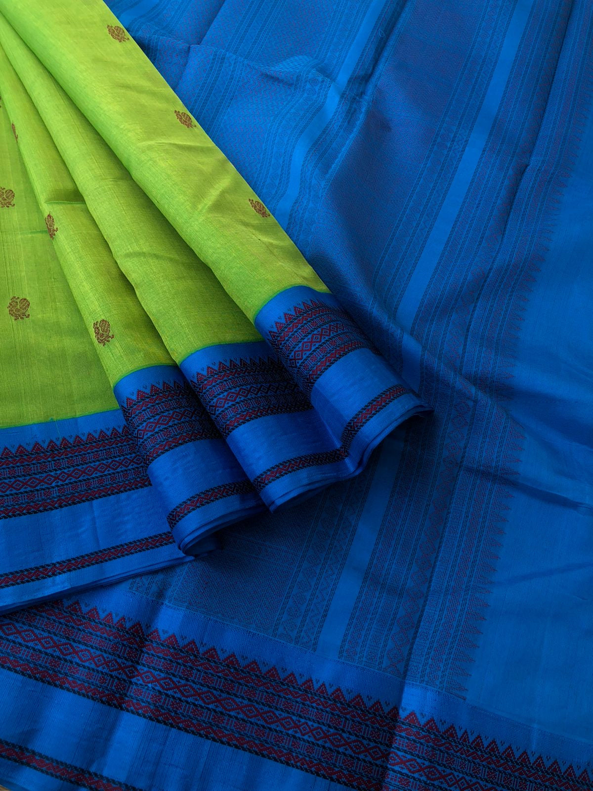 Korvai Silk Cotton with Pure Silk Woven Borders - apple green and blue