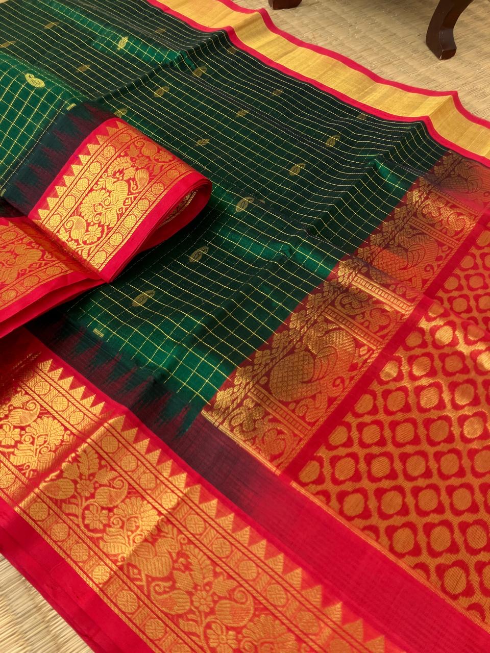 Korvai Silk Cotton - green and red zari kattam