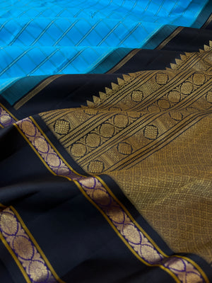 Vintage Ragas on Kanchivaram - amazing anandha blue and black kattam woven body with laddu kamalam woven retta pett borders