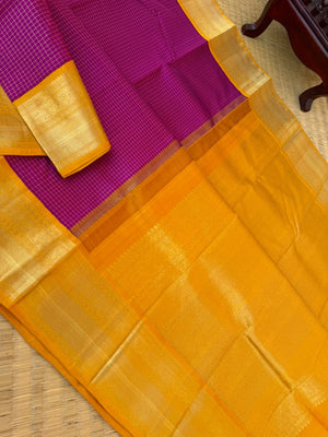 Statement of Kanchivaram - KK5 - majenta pink and golden mustard korvai Vairaoosi kattam with solid gold zari woven borders