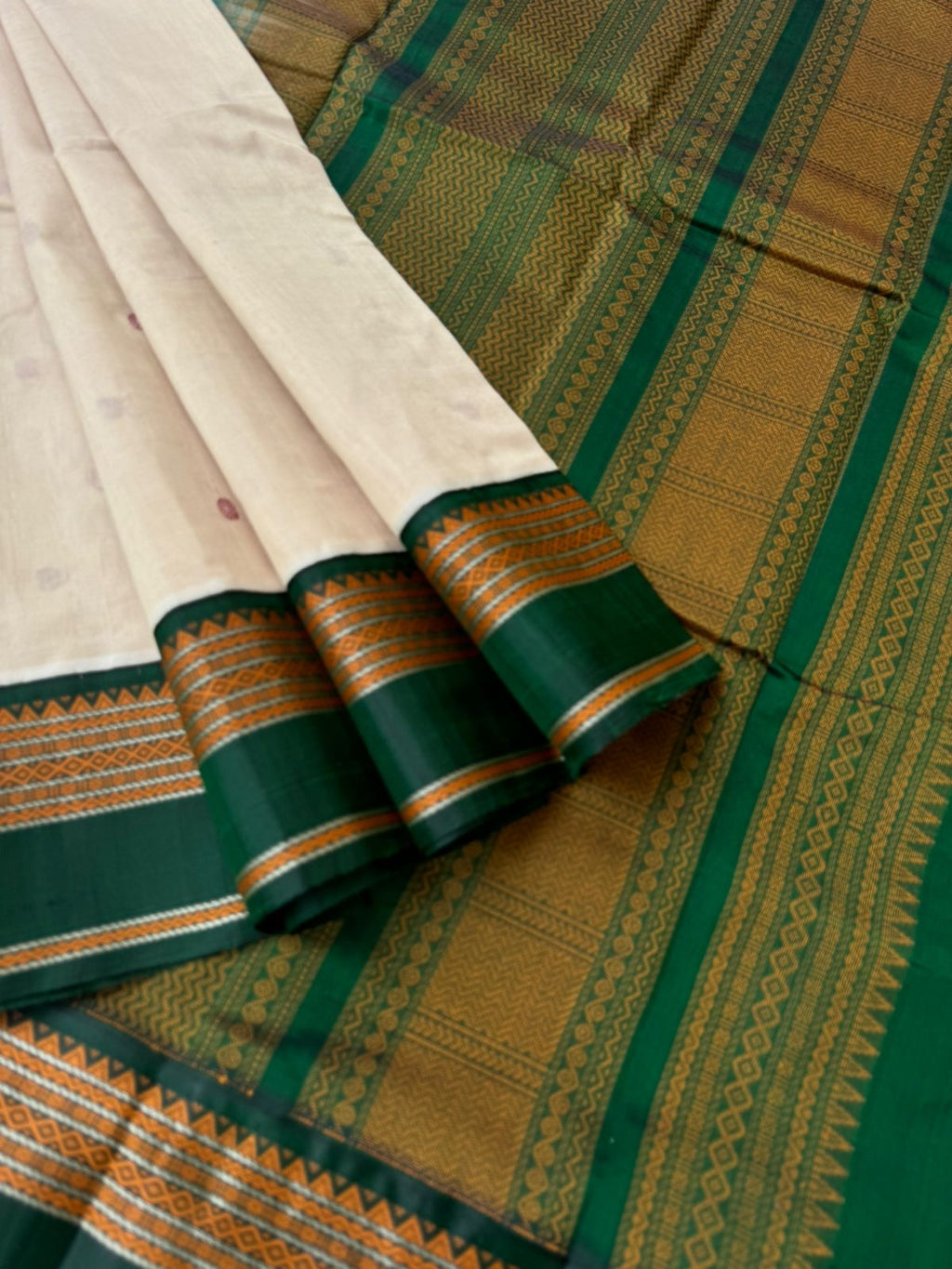 Divyam - Korvai Silk Cotton with Pure Silk Woven Borders - off white and green