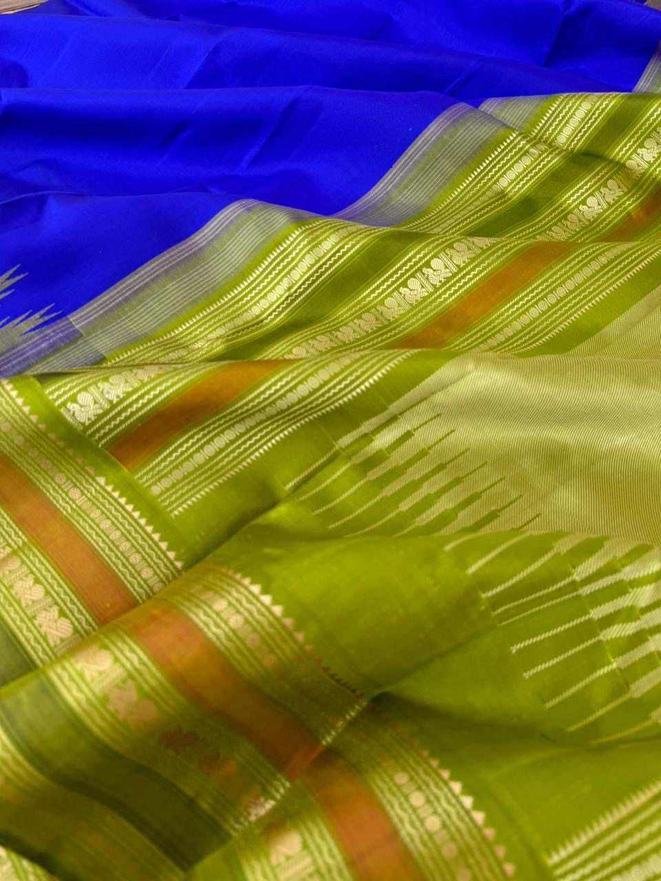 Silk Play on No Zari Kanchivaram - beautiful ms blue and olive green with Annapakshi woven borders