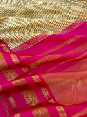 Statement of Kanchivaram - KK6 - most beautiful and traditional grandmother style Kanchivaram with rani pink borders pallu and blouse with cream and beige kasa kasa ( tiny ) chexz woven body