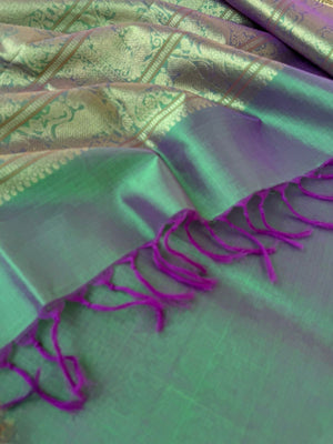 Zari Kissed Silk Cotton - gorgeous dual tone ponn vandu green Vairaoosi kattam