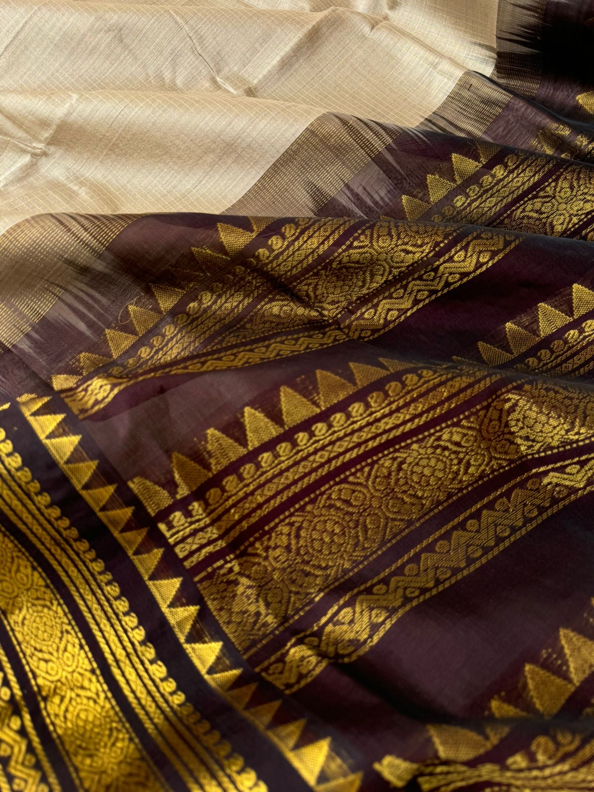 Kattams on Korvai Silk Cotton - beige and coffee bean