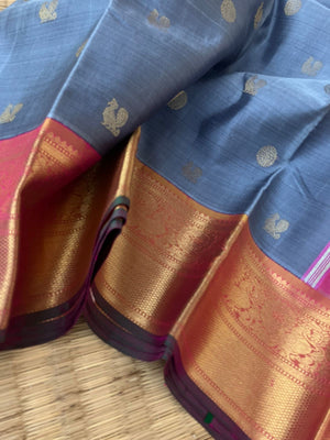 Meenakshi - Kanchivaram for Every Occasion - grey and pink with soldi gold zari woven korvai borders