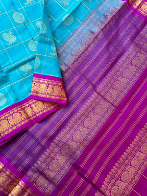 Korvai Silk Cotton - blue and pink mayil chackaram