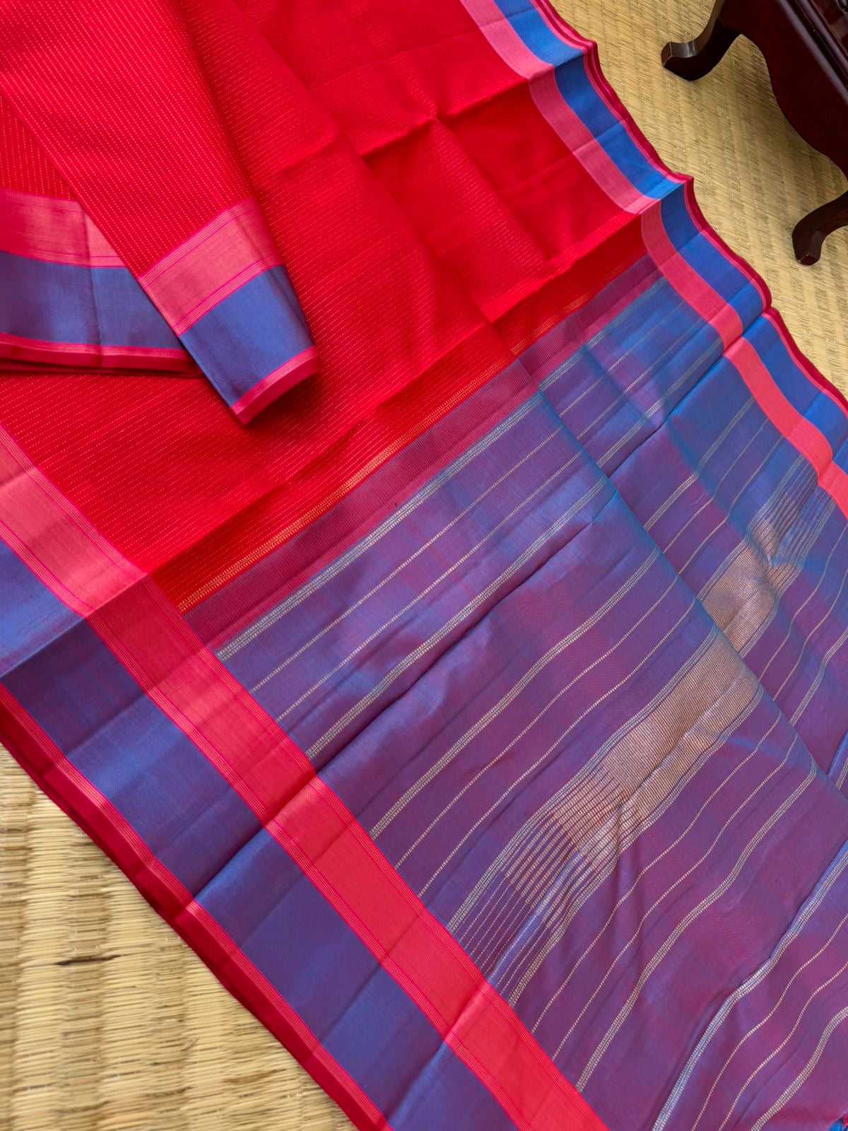 Everyday Essentials - stunning red and short violet gold zari vertical oosi vaanam