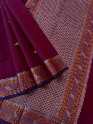 Mangalavastaram - deep burgundy with parrots woven buttas