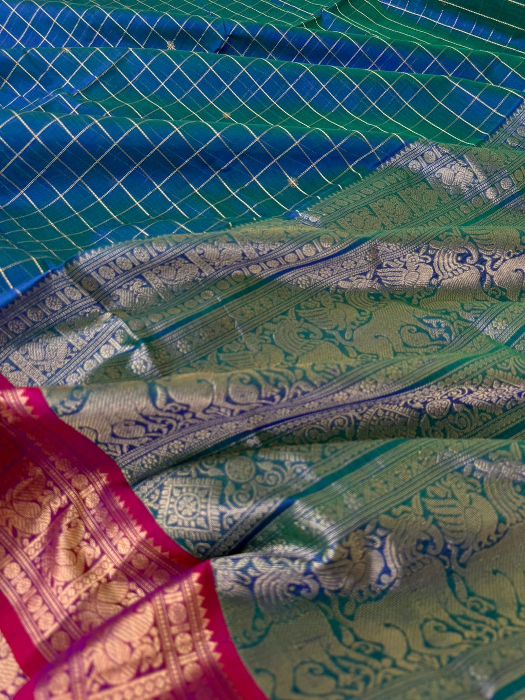 Zari Kissed Silk Cotton - dual tone peacock blue green muthukattam