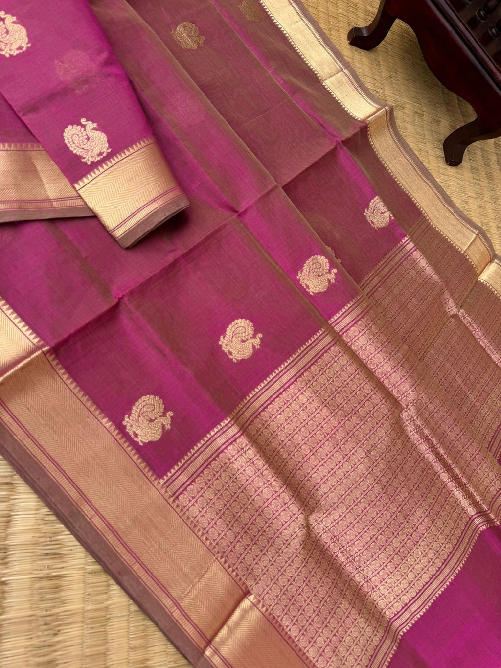 Zari Kissed Silk Cotton - keva pink zari woven annapakshi buttas