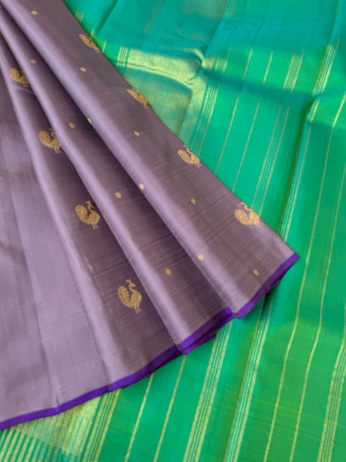 Mohaa - Beautiful Pastel Borderless Kanchivarams - unusual grey and jewel tone aqua blue green pallu and blouse