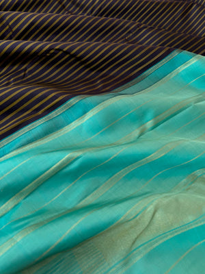 Vertical Stripes on Kanchivaram - black and turquoise with vertical stripes woven body