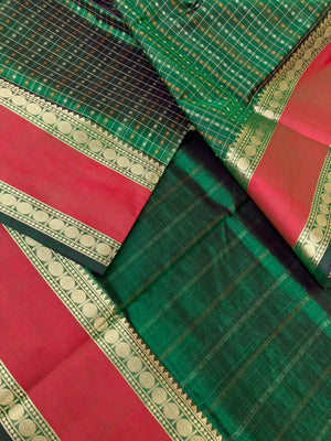 Traditional Colours Woven Motifs Silk Cotton - Meenakshi green lakshadeepam