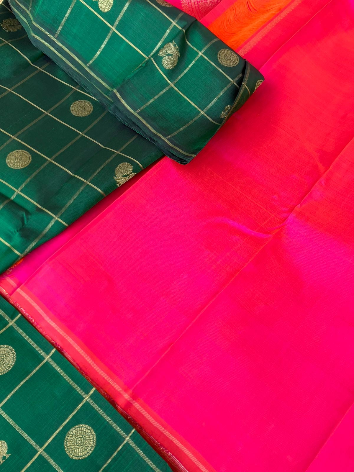 Mohaa - Beautiful Borderless Kanchivarams - deep dark Meenakshi green with orange short pink pallu and blouse