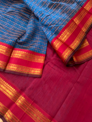 Divyam - Korvai Silk Cotton with Pure Silk Woven Borders - burnt blue and red 1000 buttas