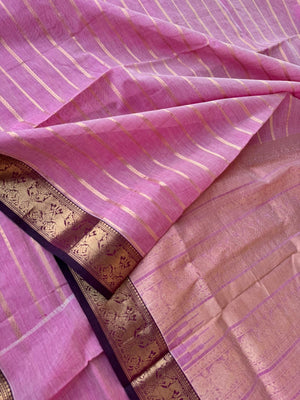 Zari Kissed Silk Cotton - baby pink veldhari with yali woven borders