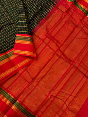 Divyam - Korvai Silk Cotton with Pure Silk Woven Borders - deep dark forest green on red