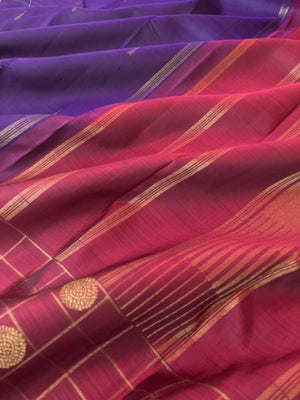 Maaya - Magical Kanchivarams - deep dark violet and maroon with rain drops woven buttas with chex woven borders