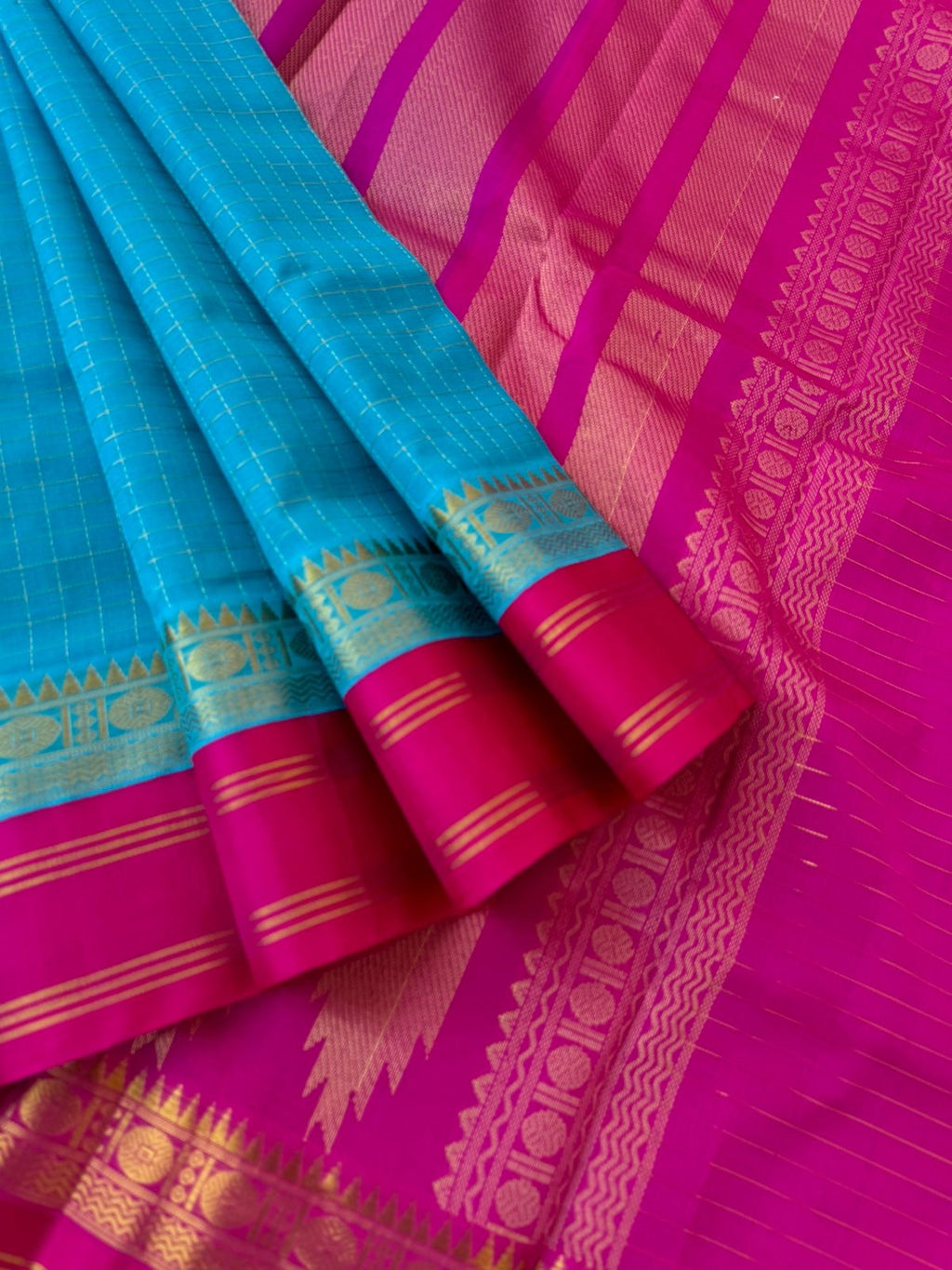 Korvai Silk Cotton - blue and pink zari kattam