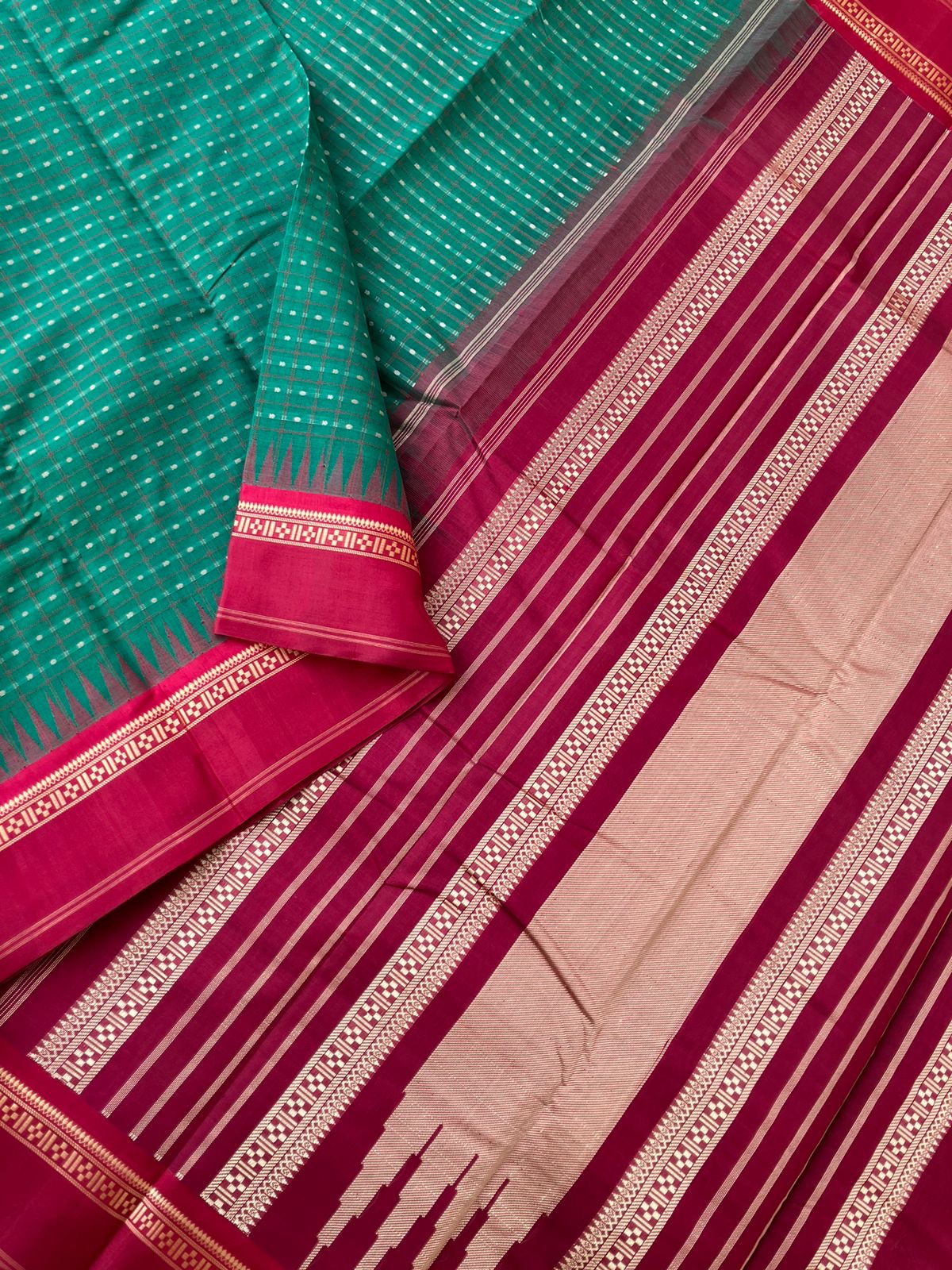 Mira - Our Exclusive Cotton body with Pure Silk Korvai Borders - Meenakshi green and deep red lakshadeepam