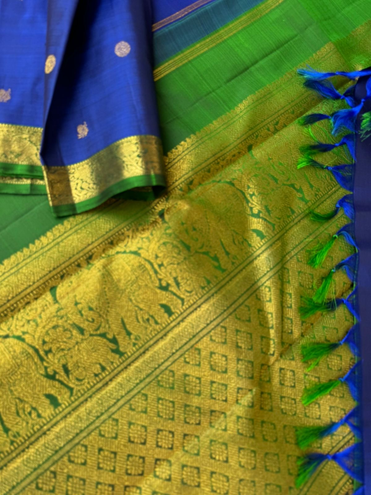 Shree - Stunning Small Border Kanchivarams - deep ink blue and green