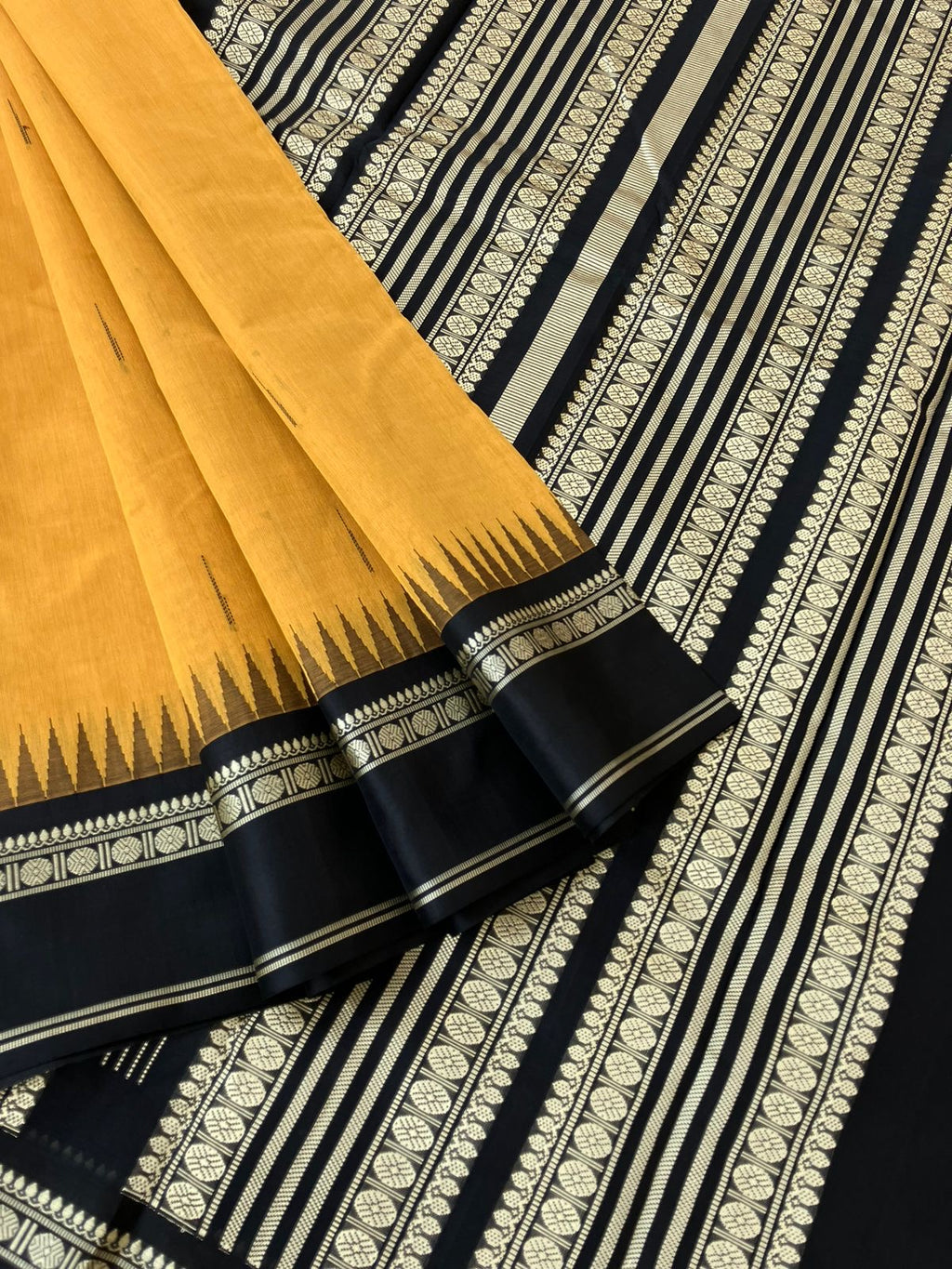 Mira - Our Exclusive Cotton body with Pure Silk Korvai Borders - gorgeous laddu yellow and black