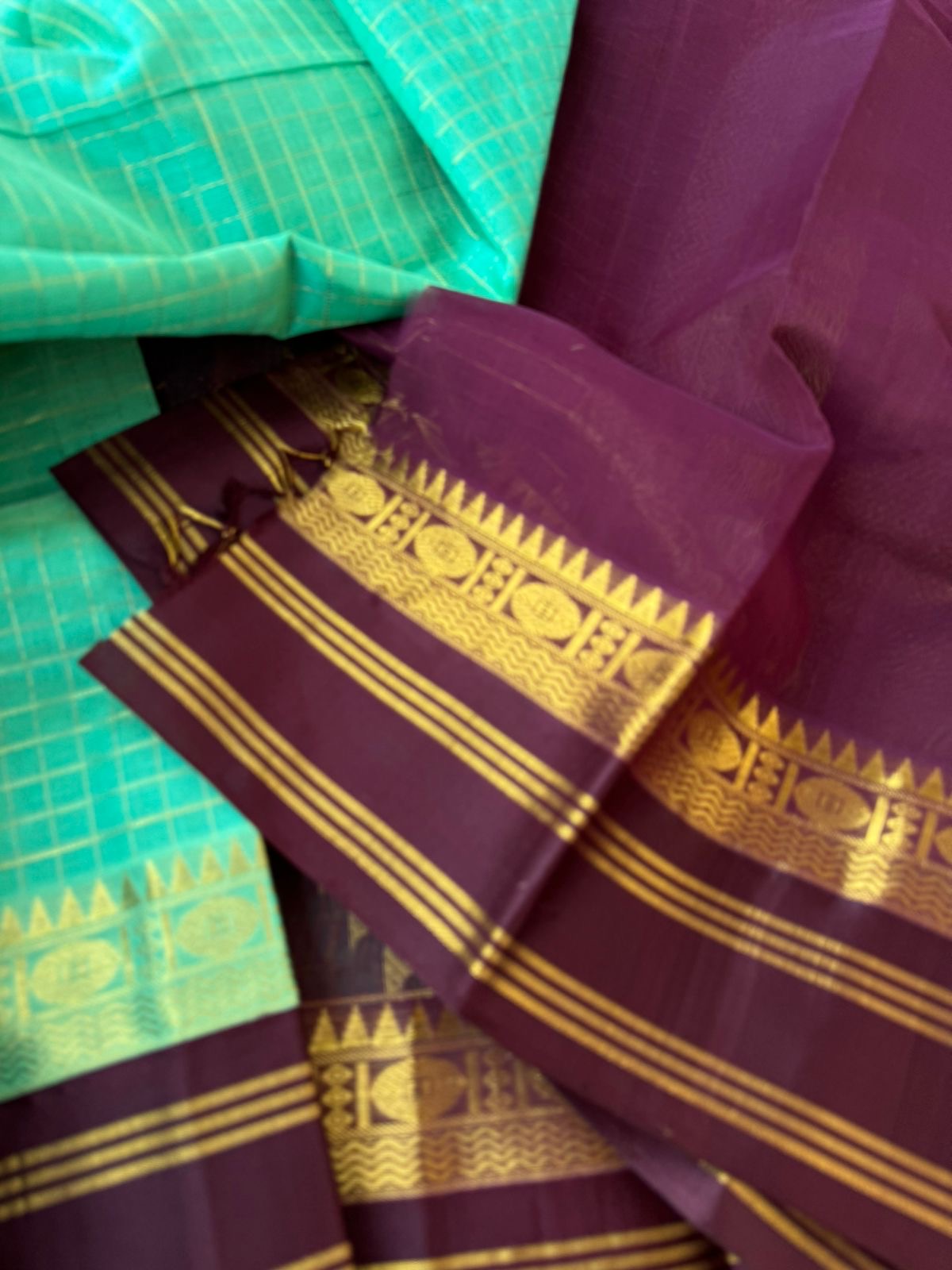 Korvai Silk Cotton - aqua and coffee bean brown