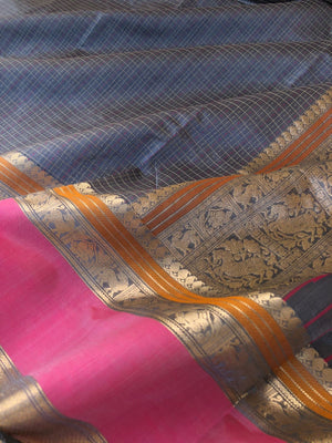 Woven Motifs Silk Cotton - stunning steel grey Lakshadeepam with short pink woven borders