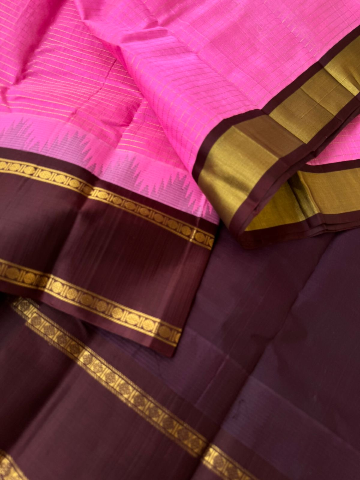 Kattams on Korvai Silk Cotton - rose pink and coffee bean