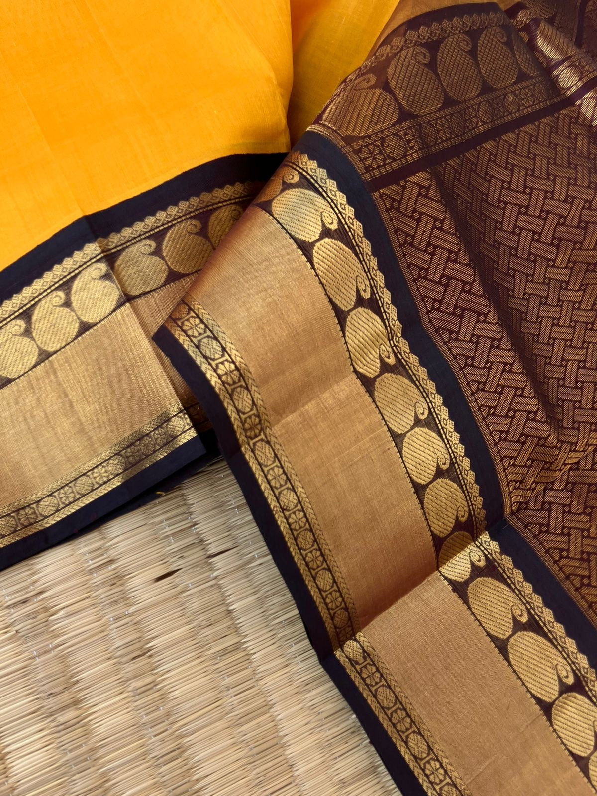 Korvai Silk Cotton - yellow and brown with paisley woven borders