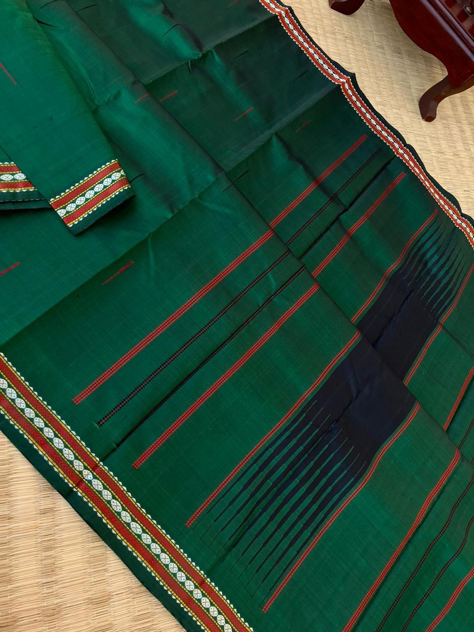 Woven from Memories - Beautiful No Zari Kanchivarams - deep dark meenakshi green malli mokku or rain drops