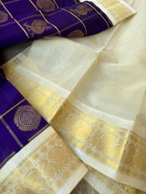 Korvai Silk Cotton - ms blue and ivory mayil chackaram