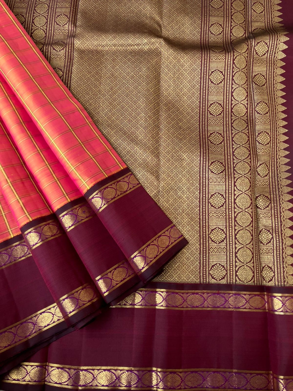 Meenakshi Kalayanam - Authentic Heirloom Korvai Kanchivarams - stunning peach and maroon with vintage vibes