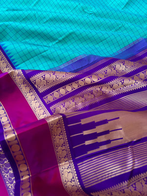 Sahasram - teal and violet with retta pett woven borders with kattam woven body