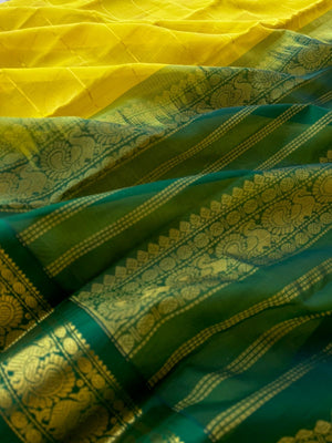 Korvai Silk Cotton - lemon yellow and green mayil chackaram