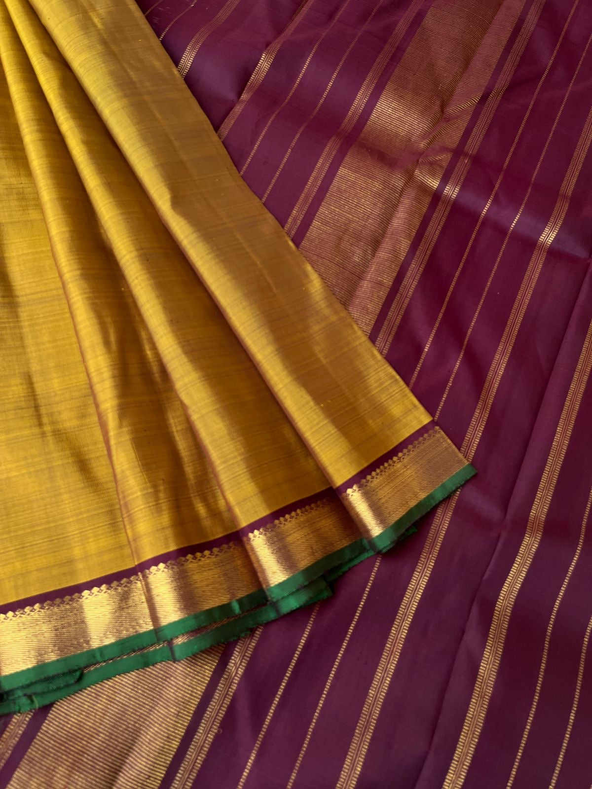 Shree - Stunning Small Border Kanchivarams - molten fenugreek and coffee brown