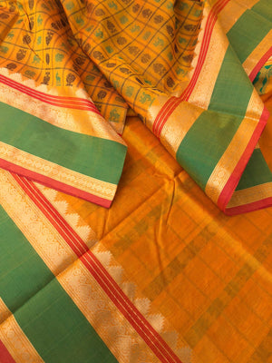 Woven Motifs Silk Cottons - stunning mango yellow 1000 buttas with kamadhenu woven pallu