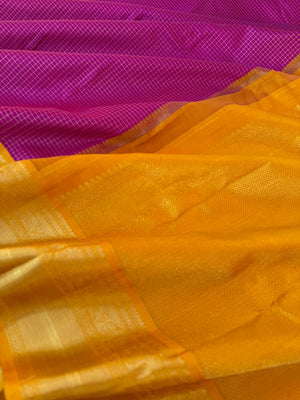 Statement of Kanchivaram - KK5 - majenta pink and golden mustard korvai Vairaoosi kattam with solid gold zari woven borders