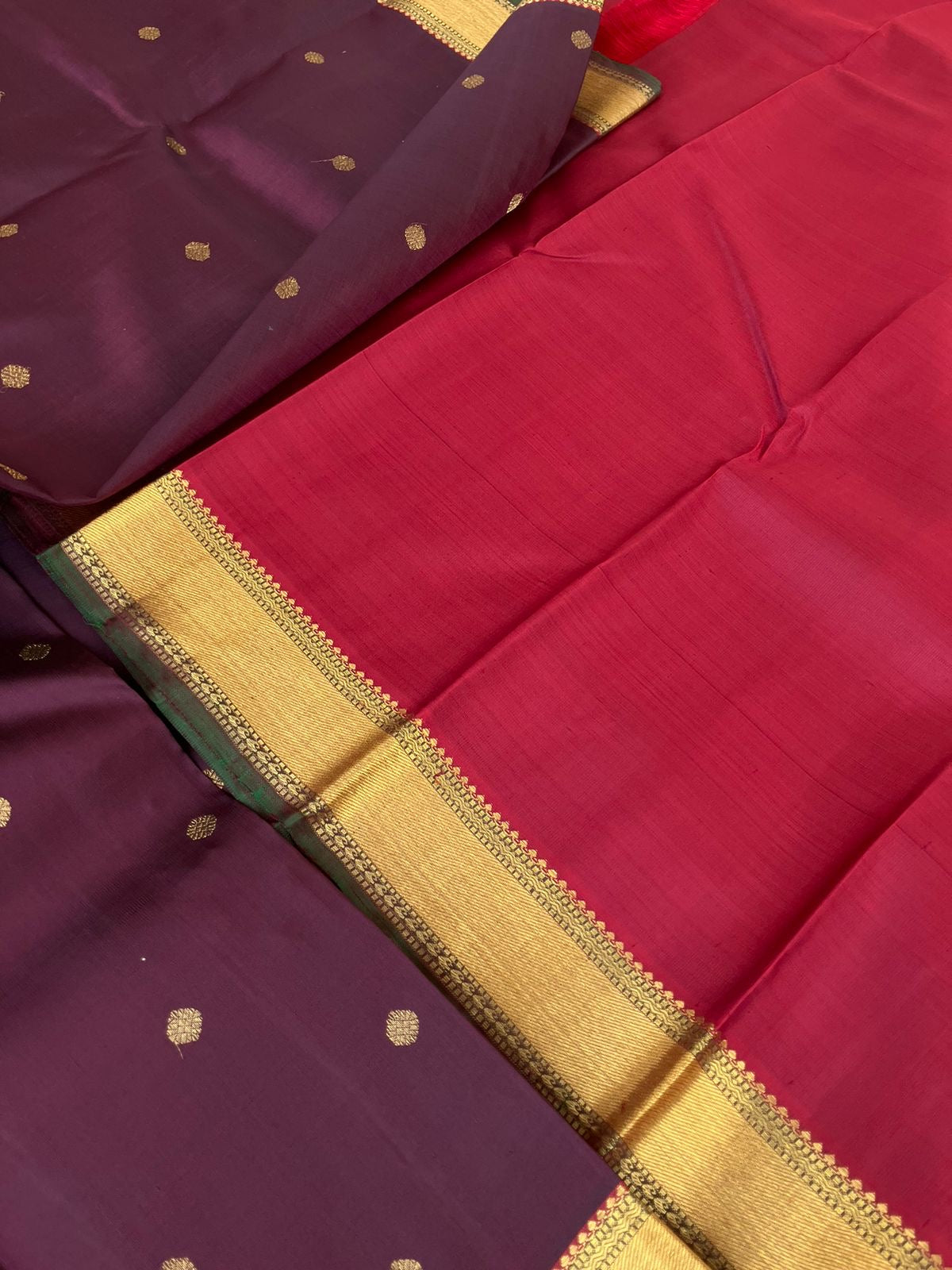 Treasures of Kanchivaram - Solid Gold Zari Woven Border Kanchivarams - buttel nut maroon and deepest red with gorgeous grand pallu