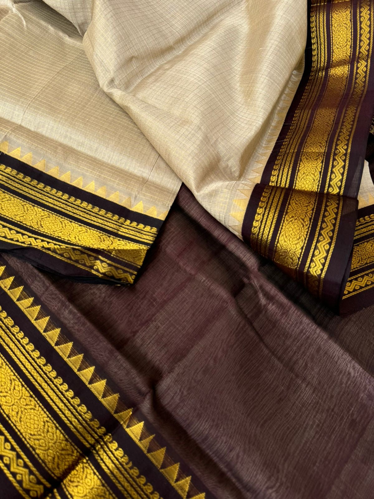 Kattams on Korvai Silk Cotton - beige and coffee bean