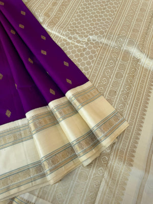 Tales of Korvais Kanchivaram - stunning deep purple and off white with retta pett woven borders