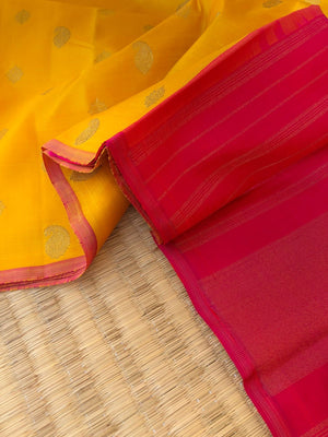 Mohaa - Beautiful Borderless Kanchivarams - gorgeous yellow and pink with paisley woven buttas