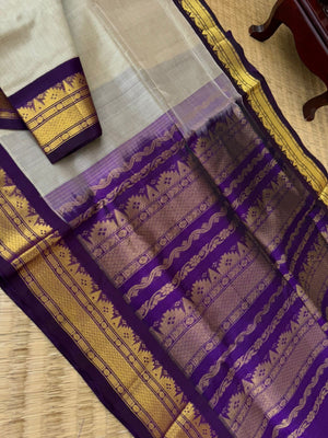 Korvai Silk Cotton - ivory beige and deep purple