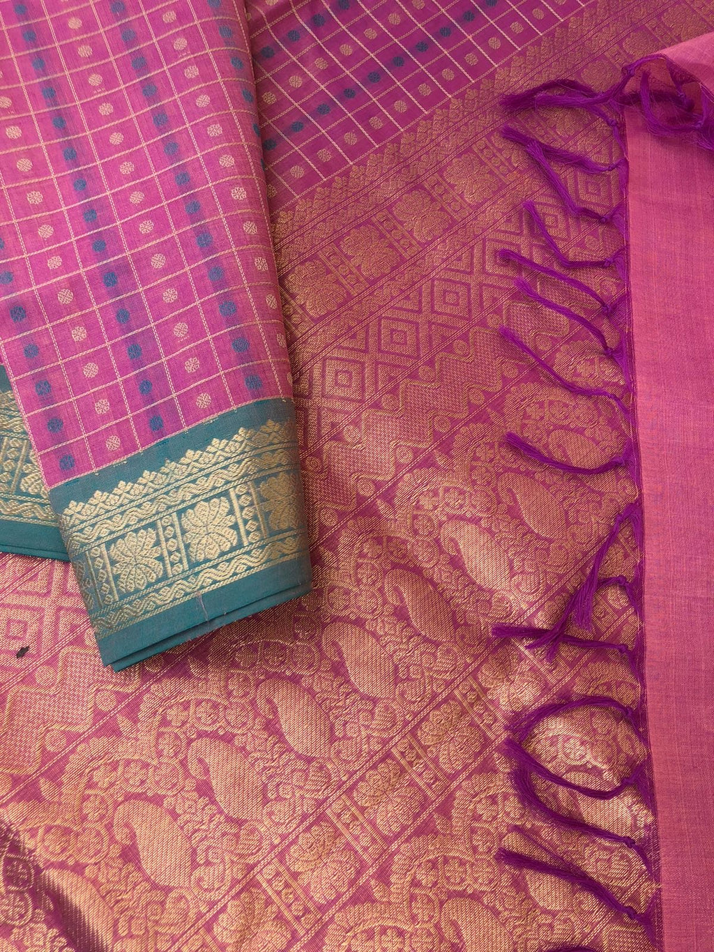 Woven Motifs Silk Cotton - unusual keva pink intricate 1000 rudurakasham buttas