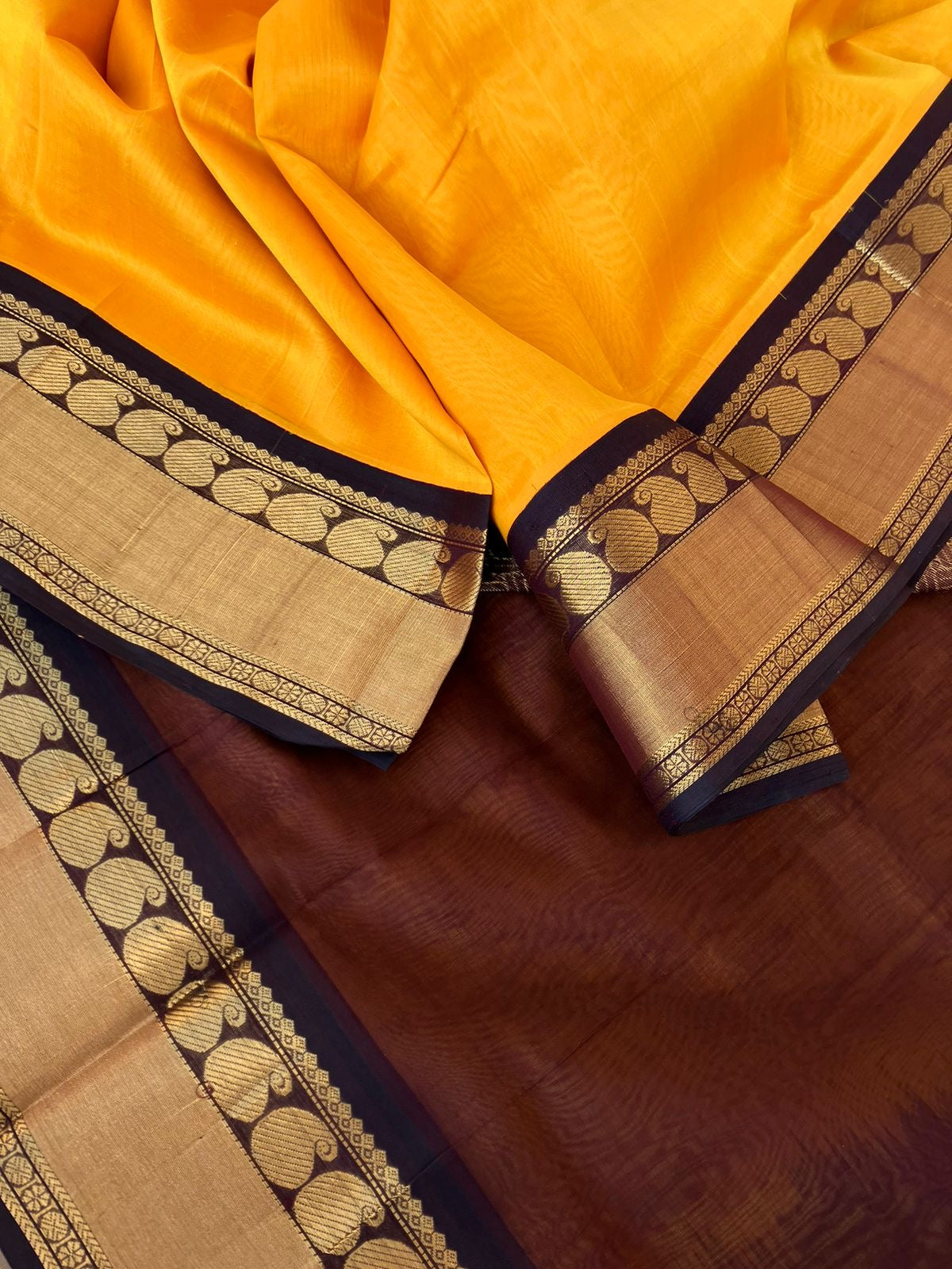 Korvai Silk Cotton - yellow and brown with paisley woven borders